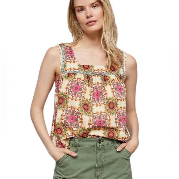 Anthropologie Tops - Anthropologie Let Me Be Cotton Abstract Ruffled Tank Top Size 8